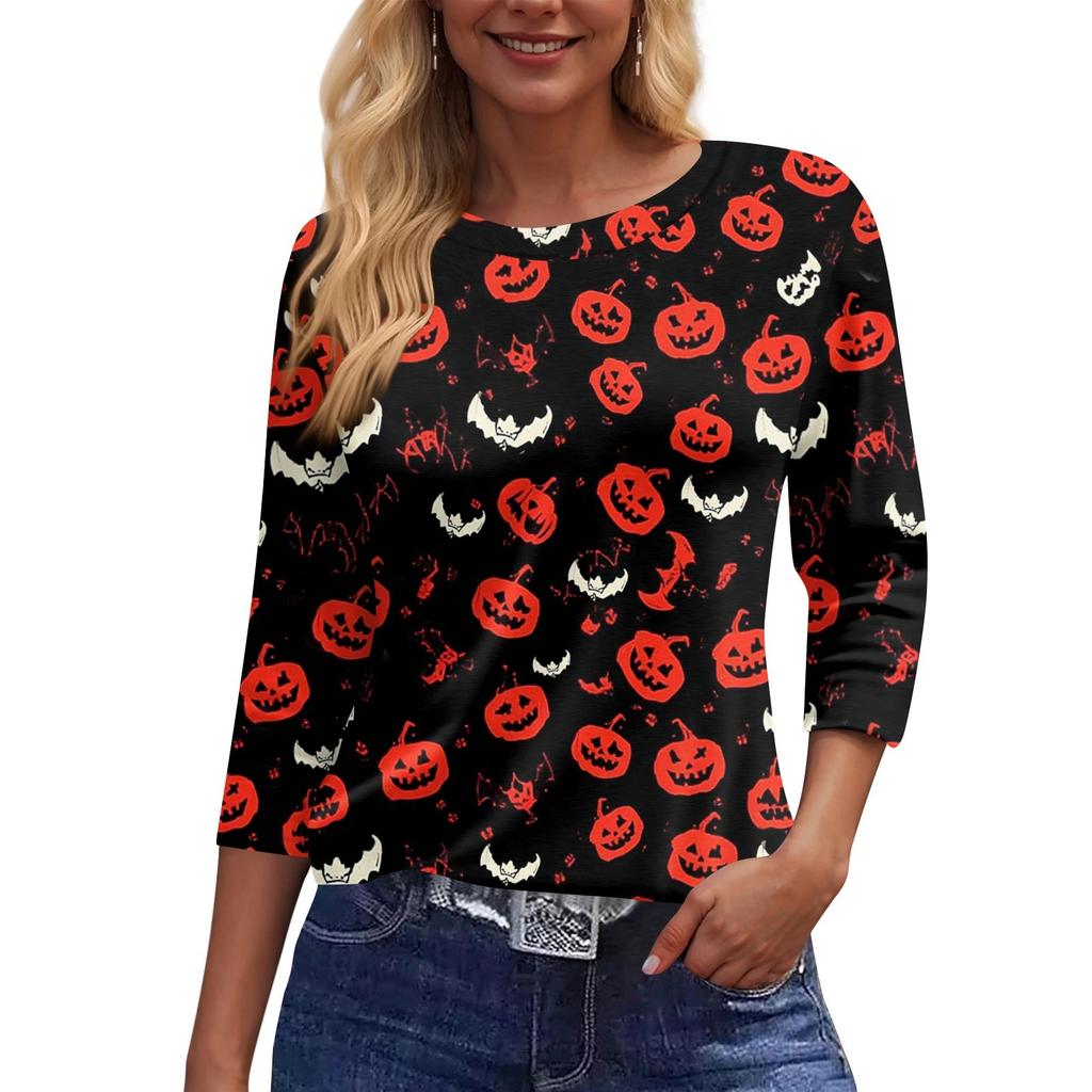 Women's Fashion Casual Three-quarter Sleeve Halloween Printed Round Neck Top