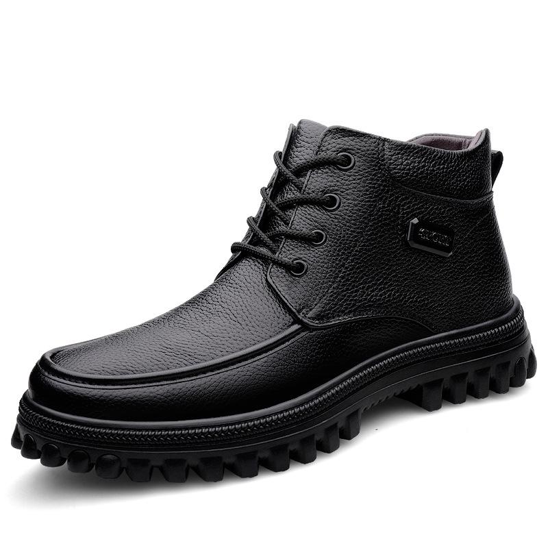 Men's Extra Large Leather High-Top Boots - Business Casual Style with Big Toe Cap and Plus Velvet Lining