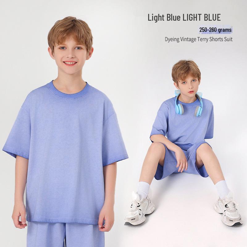 

2026 Spring/Summer Trendy Washed Distressed Cotton Set for Kids: Boys & Girls Loose Solid T-shirt 120 cm