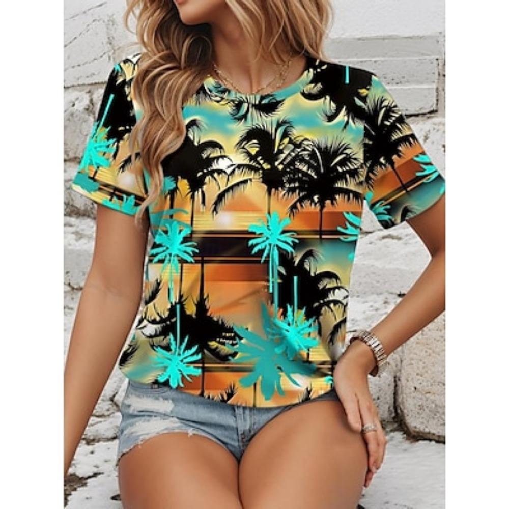 Women's T-Shirt Round Neck Hummingbird Floral Print Casual Top Multi-color Short Sleeve Breathable Loose Fit Summer Fashion Tee