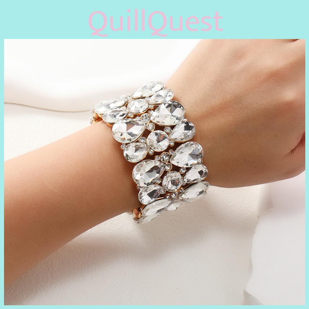 Water Drop Crystal Glass Wide Band Bracelet For Women With Sparkling Embellishments