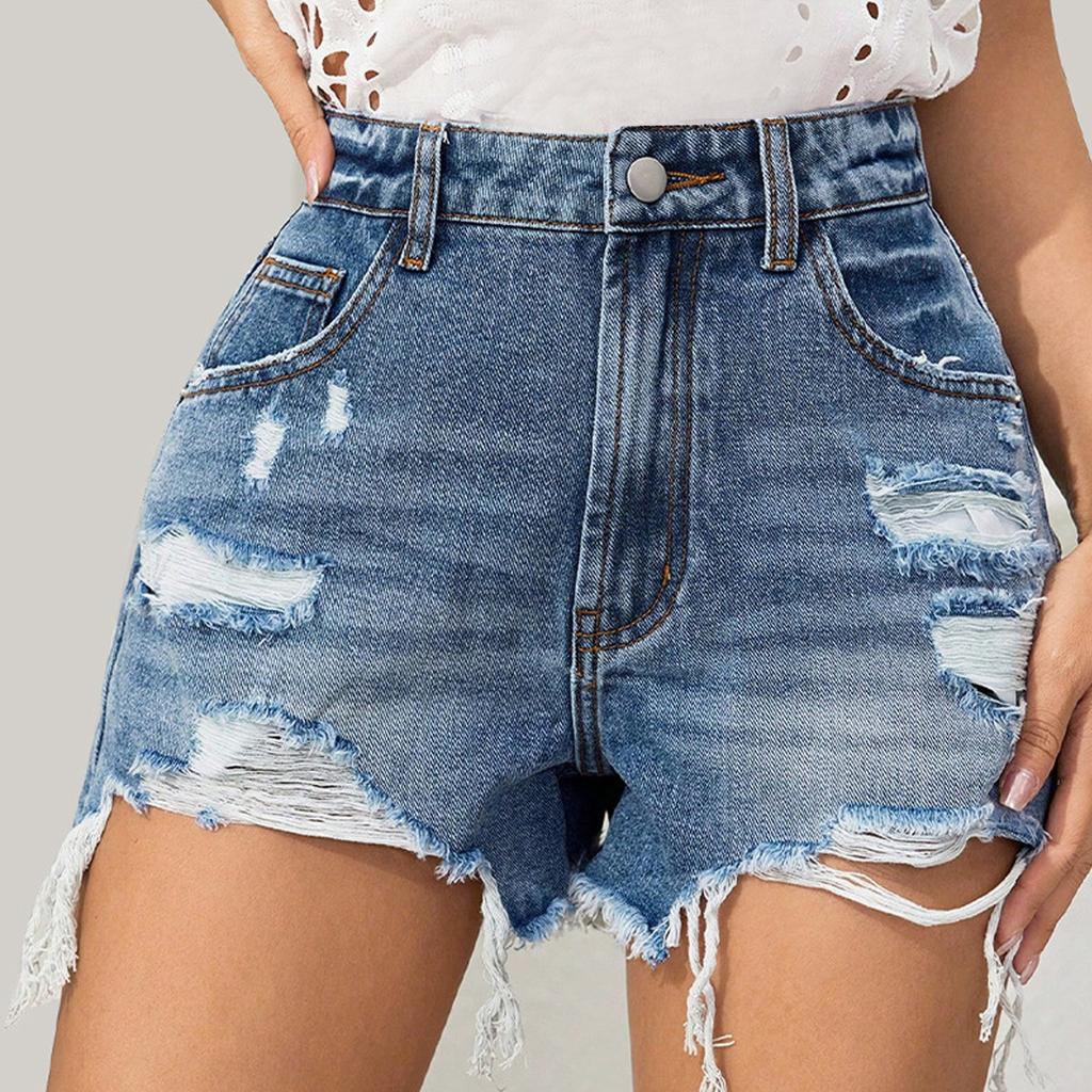 Women's Distressed Denim Shorts - Edgy Frayed Hem Hot Pants