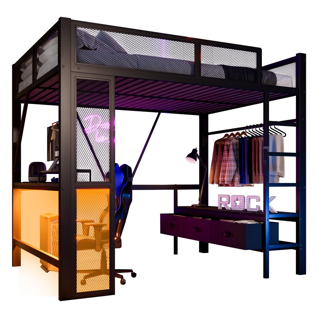 Letto a soppalco in metallo per giocare 140 x 200 cm con USB, LED, Scrivania, Armadio Aperto e 3 Cassetti per Biancheria, Nero