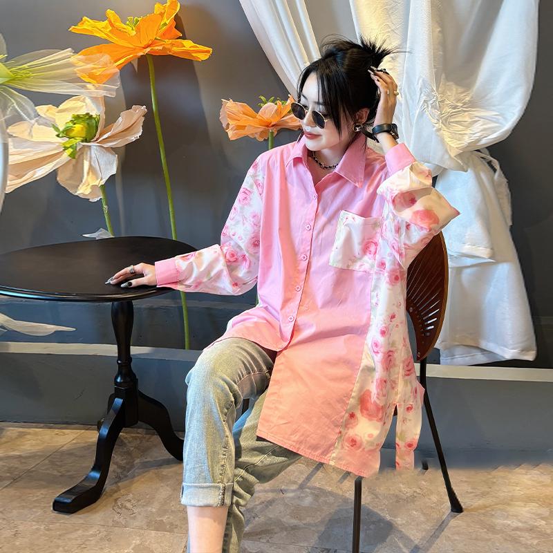 

Жіночий топ вільного крою з довгим рукавом, блоками кольорів, великого розміру 3XL (recommended for 120-150 jin) рожевий