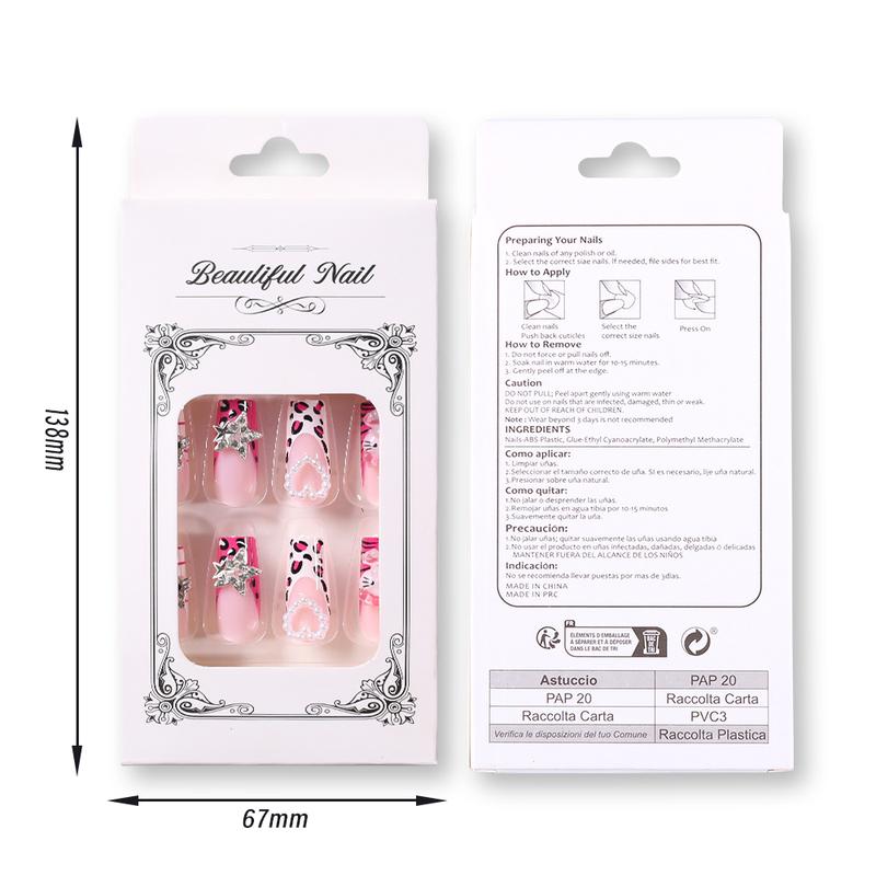 24Pcs Pink French Leopard Hello Kitty False Nails 3D Y2k Star Heart Kitty Cat Rhinestones Press On Nails Cute Cartoon Fake Nails