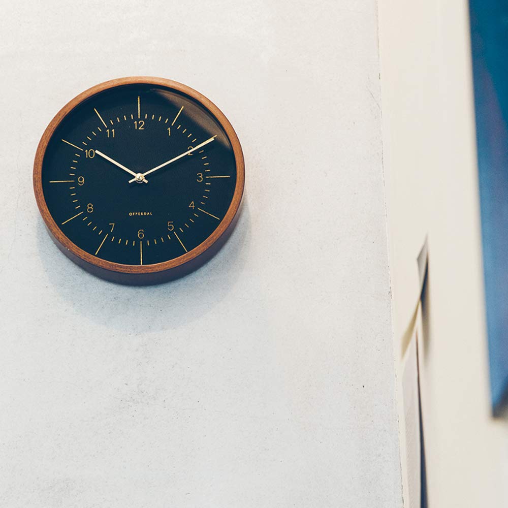Interform Wall Clock Radio Clock Brandeff Leather Black Synthetic Leather Wood Gold 25cm CL-3354BK