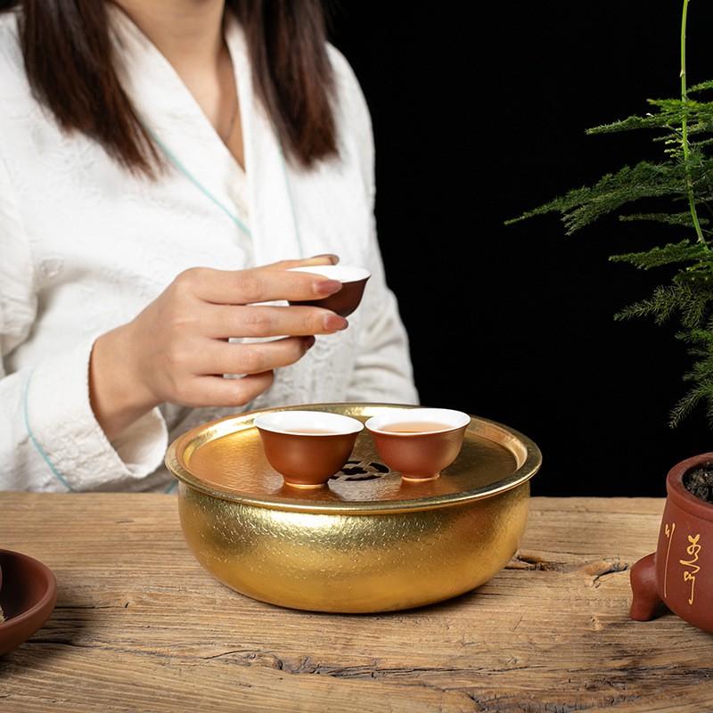 Handcrafted Hammered Brass Tea Tray With Water Reservoir Gongfu Setup Indoor Outdoor Use