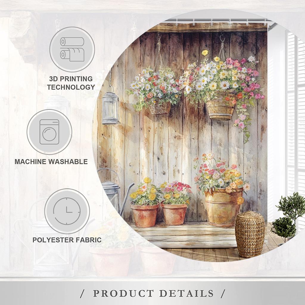 Vintage Garden Shower Curtain - Hanging Flower Baskets, Vibrant Flowers, Lanterns, Potted Plants,Ideal Bathroom Decor