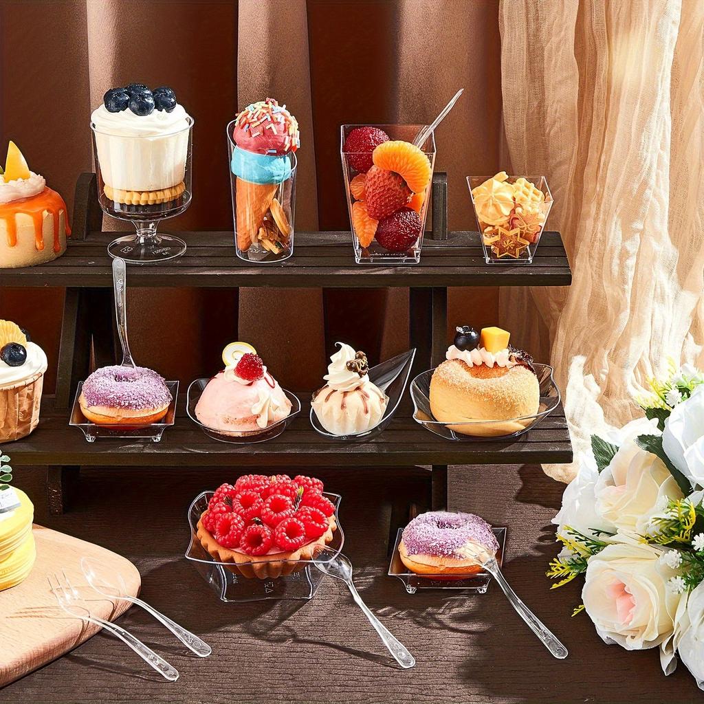 400ks Průhledné Talíře Dezertní Pohárky Lžíce Vidlička Sada Více Tvarů Plastové Pohárky na Zmrzlinu Jednorázové Nádobí Párty Jídelní Doplňky