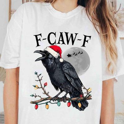 Lustiges Krähen-Weihnachts-T-Shirt Frohe FCawF Frohe Weihnachten mit Weihnachtsmütze Rabenmuster Freizeit Locker Beliebtes Geschenk Kleidung