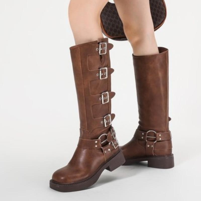Hot Selling Solid Color New High Quality Style Retro Western Boots Buckle Women's Boots Thick Sole Shoes Zapatos De Mujer