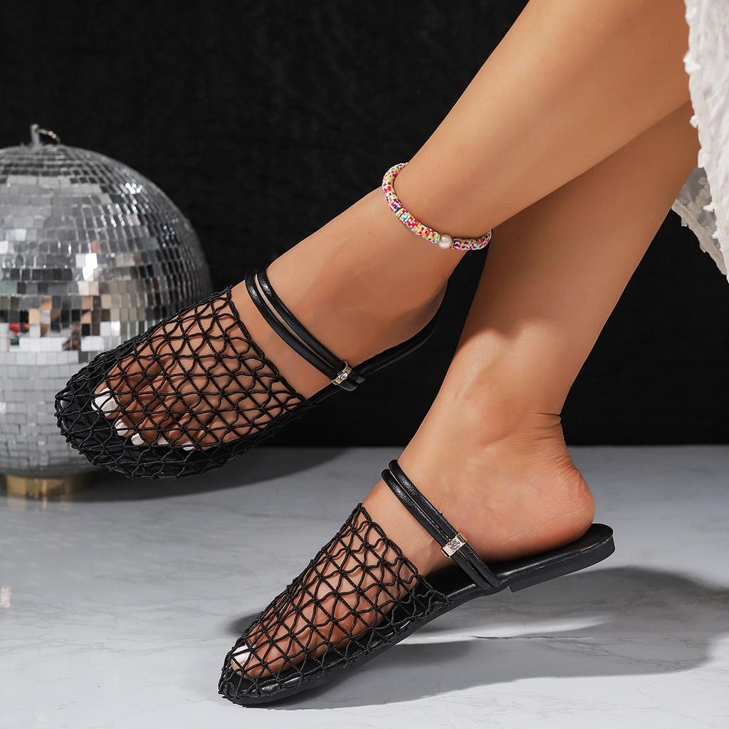 Flat-bottomed Net-faced Front-opening Women's Shoes, Casual, Breathable, Cool Slippers
