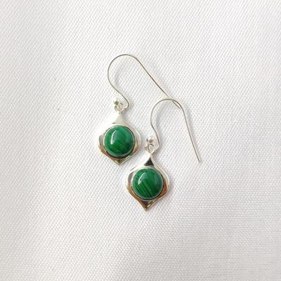 Brinco de pedra preciosa redonda de malaquita, brinco de prata esterlina 925 sólida, brinco feminino, brinco pendente, presente de Dia dos Namorados