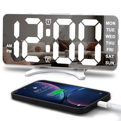USB ile Çalışan Aynalı Dijital Çalar Saat Hafta 2 Daha Yüksek Alarm Gece Modu Erteleme Masa Saati 12/24H USB Çıkış Portu LED Duvar Saati