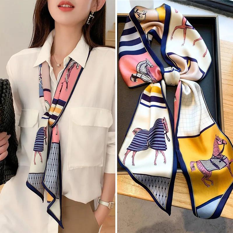 Mode Blauer Druck Seidenschal Damen Weicher Satin Pferdehaarband Schräges Halstuch Büro Hijab Stirnband Foulard Taschenbänder Geschenk