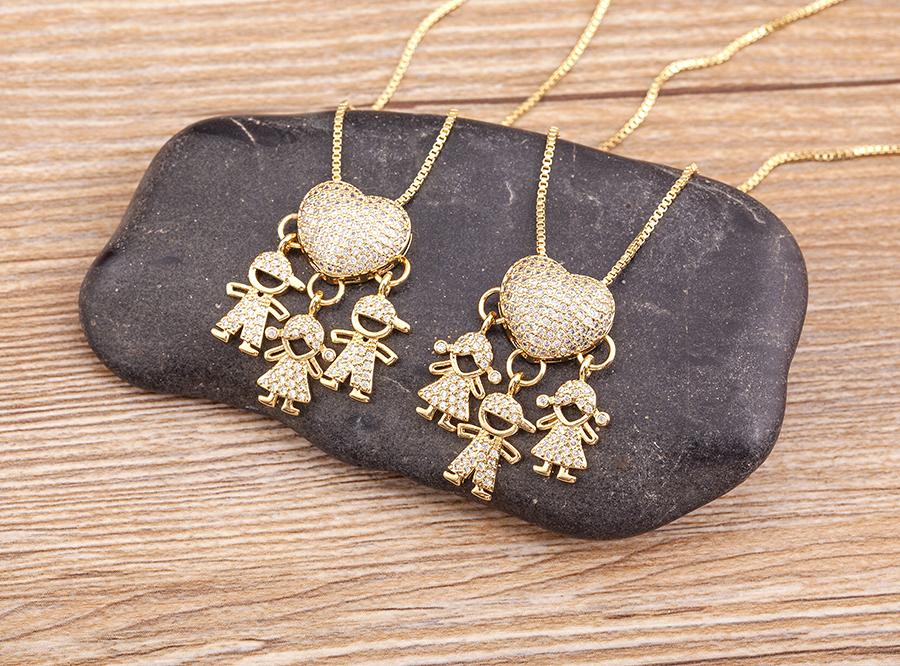 Nidin Hot Sale Son Daughter Heart Gold Plated Cubic Zirconia Family Girl Boy Pendant Necklace Chain Jewelry For Mother Gift