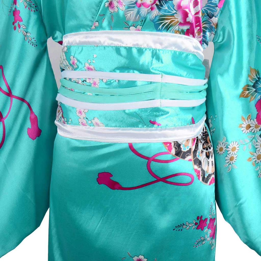 HONGFU Courtesan Long Kimono Dress Chiffon Cherry Blossom Japanese Style Yukata Costume Cosplay Costume with Obi Long Women's (Sky Kimono)