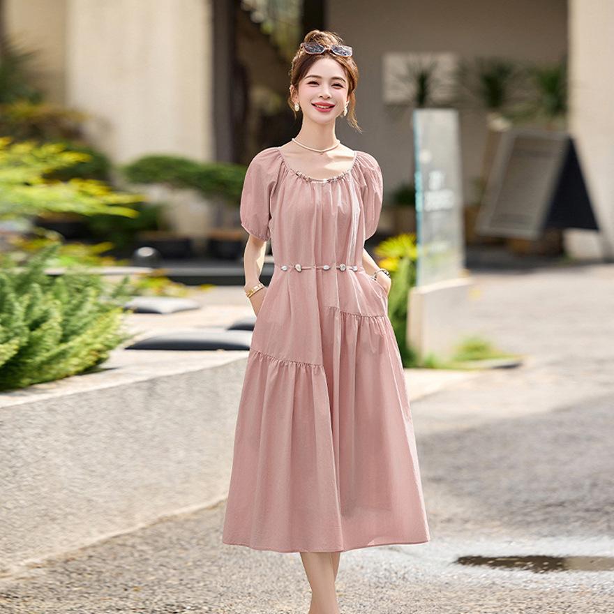 

Fashion pink bubble short-sleeved dress women s summer new waist, thin and age-reducing sweet medium and long skirt 2XL розовый