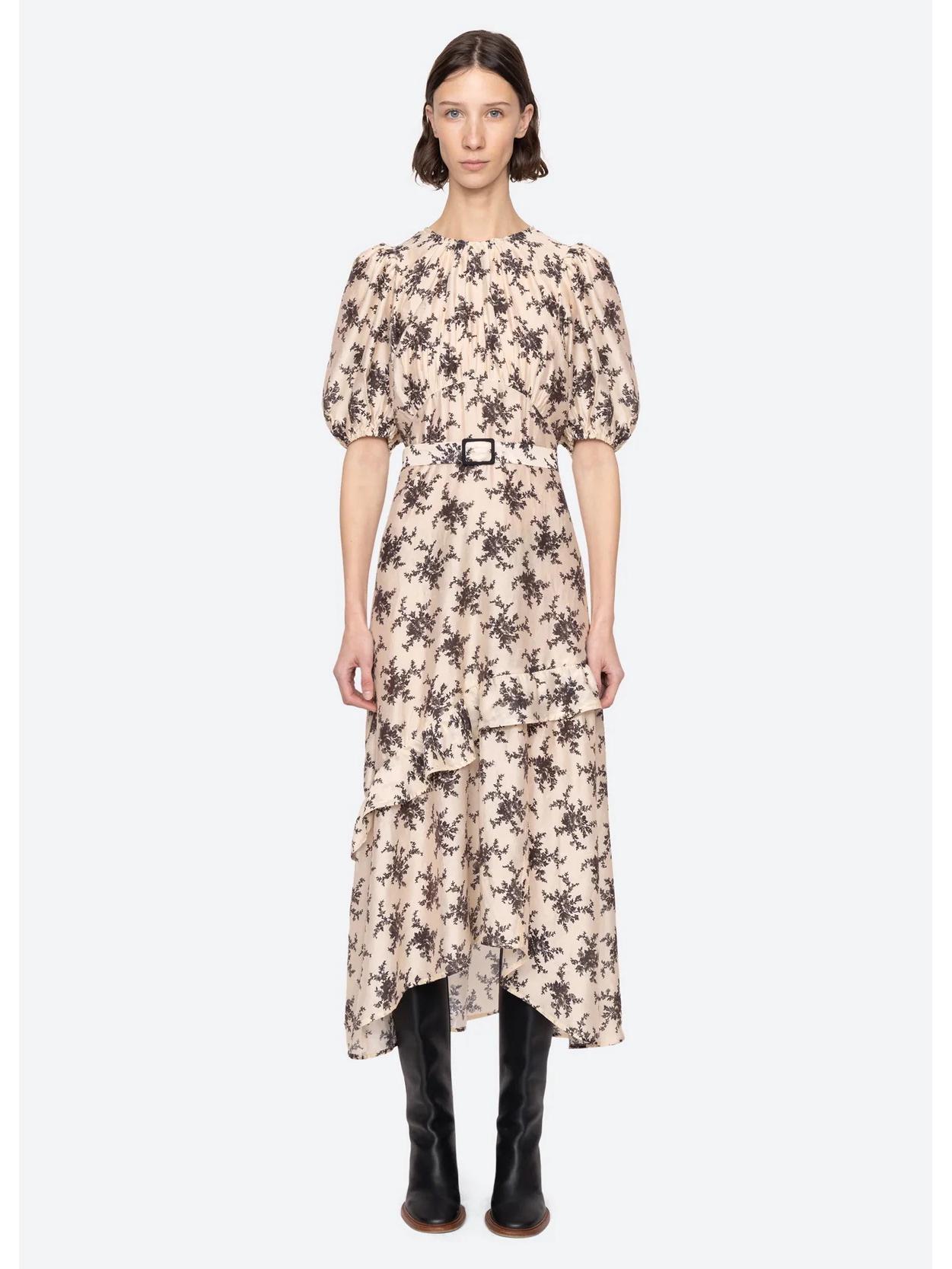 2026 Spring/Summer Elegant Retro Floral Print Ruffle Dress Medium (M) абрикосовый/цветочный