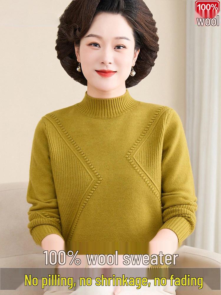 Luomeng 100% Pure Wool Thick Half-Collar Knit Sweater for Middle-Aged & Elderly Women