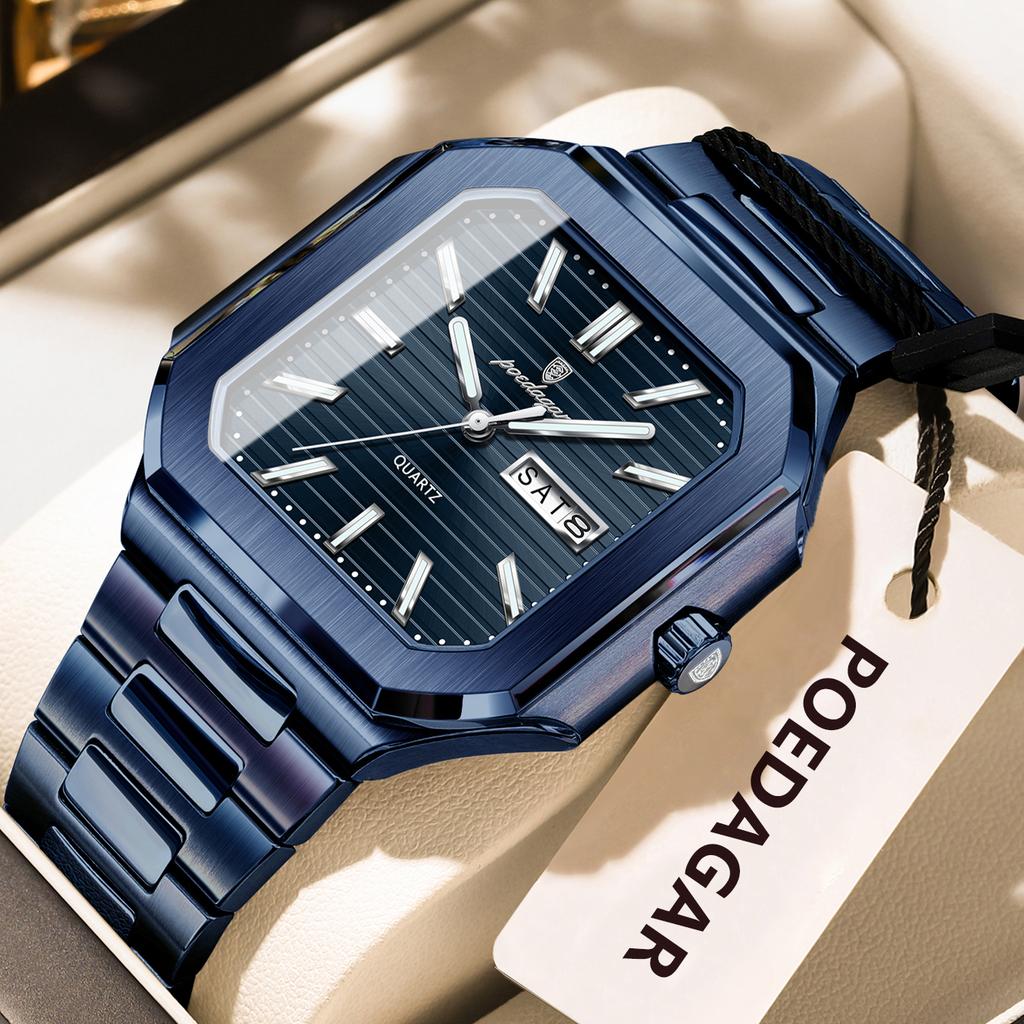 POEDAGAR Square Fashion Man Wristwatch Waterproof Luminous Date Week Quartz Men's Watches Stainless Steel Luxury Men Watch Reloj