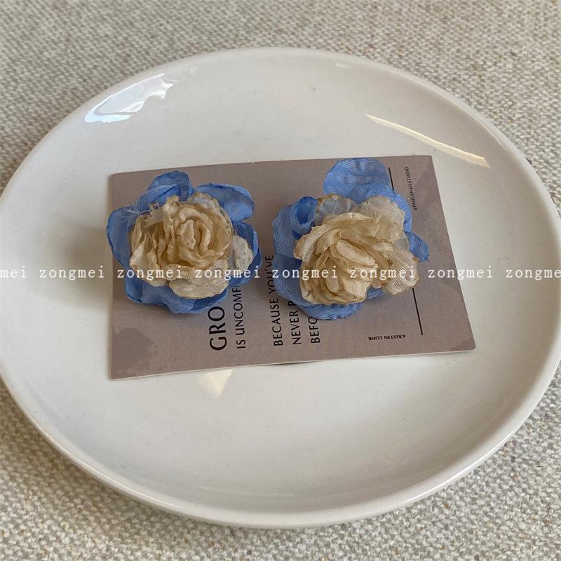 

Gradient Pink Chiffon Camellia Earrings: French Holiday Flower Studs, No Piercing Needed