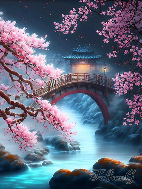 Japanese Cherry Blossoms Diamond Painting New Arrivals Waterfall Temple Landscape Full Rhinestone Embroidery Mosaic Cross Stitch Kits AA4518