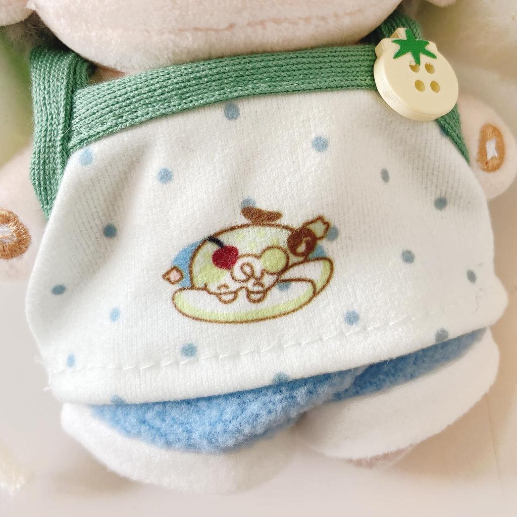 Melon costume (kigurumi cap, top & pants set) for 10cm plushies. Kigurumi accessory for idolfan activities, dollmascot, K-pop dollcostume. [Used]