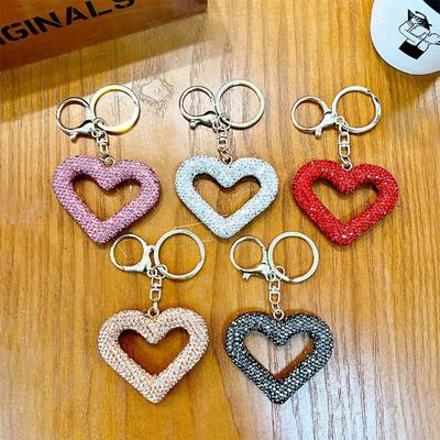 Inlaid Heart Full Diamond Love Keychain Leather Rope Hollow Water Diamond Key Pendant Creative Love