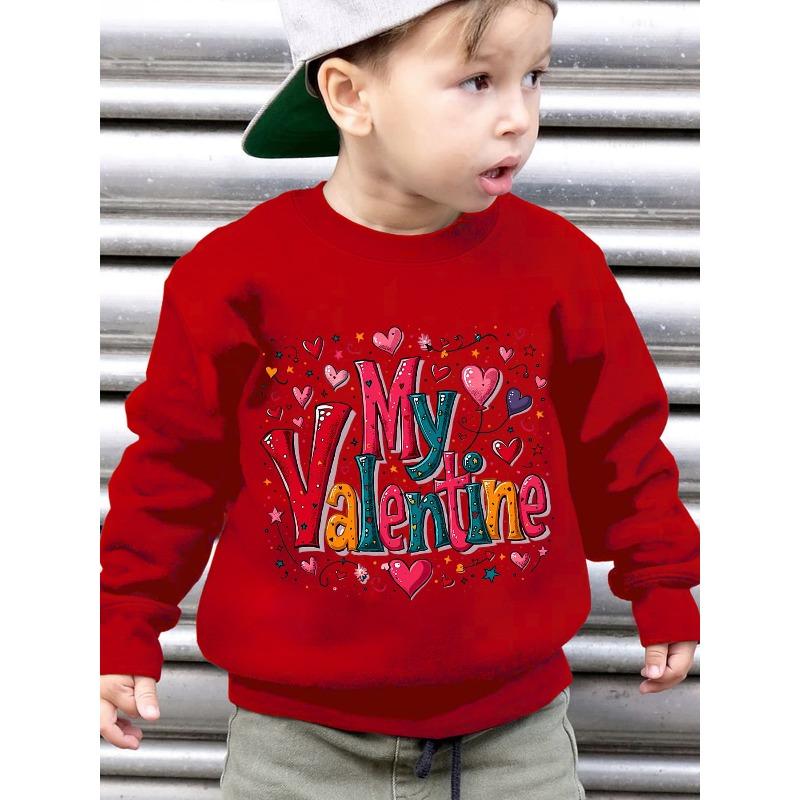 European Sizes Kids' Fashion -Lined Round Neck Sweatshirt with "MY VALENTINE" Lettering, Heart-Shaped Balloon Cartoon Print