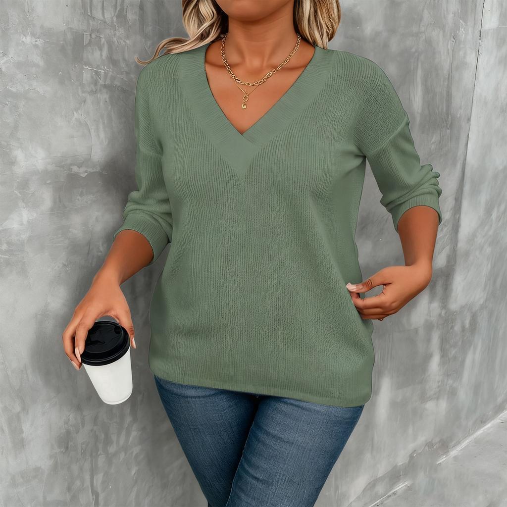 Women's Comfortable Loose Fashion Casual Solid Color V-Neck Long Sleeve Plus Size T-Shirt Top