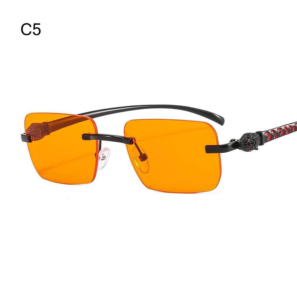 Rimless Leopard Head Decorated Sunglasses Gradient UV Protection Rectangular Sun Glasses Transparent Lens Shades for Women