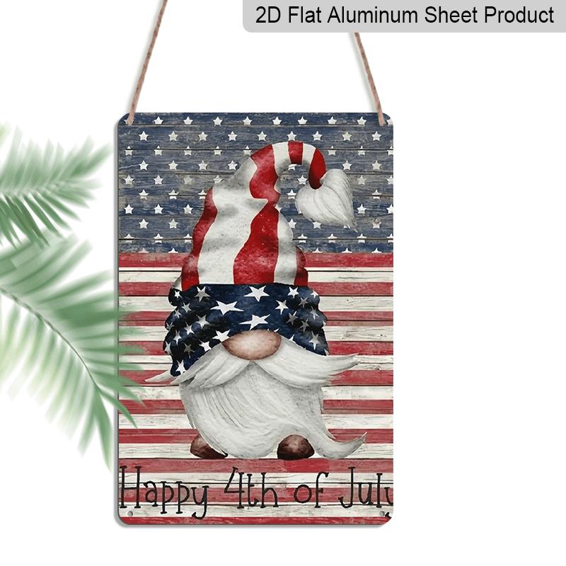 

2D Flat Rustic Vintage 12x8 Inch Patriotic Gnome Metal Sign | Aluminium Sign | Happy 4th of July American Flag Hat & Stars Stripes Design 20*30cm