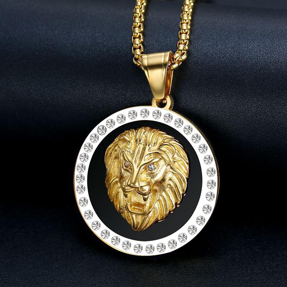 Moda Punk Collana con Ciondolo Testa di Leone Iced Out Colore Oro Acciaio Inossidabile Animale Girocollo per Uomo Gioielli da Festa Regalo Maschile 2025