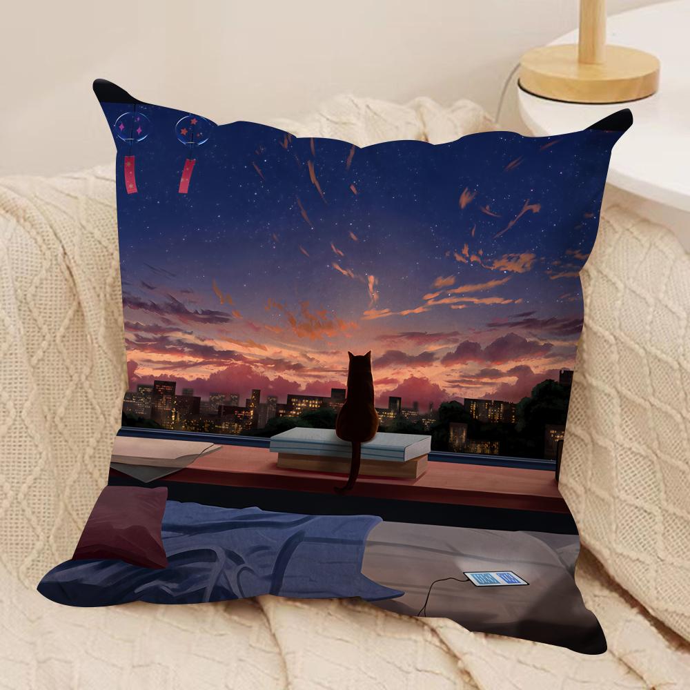 Anime Scenery Design Cushion Cover Silky Short Plush Invisible Zipper Dustproof Sofa Pillow Case for Home Decor