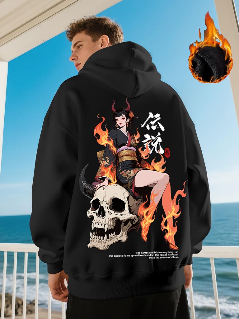 Men's Casual Sporty Japanese Anime Manga Succubus Pattern Print Warm Hooded Sweatshirt