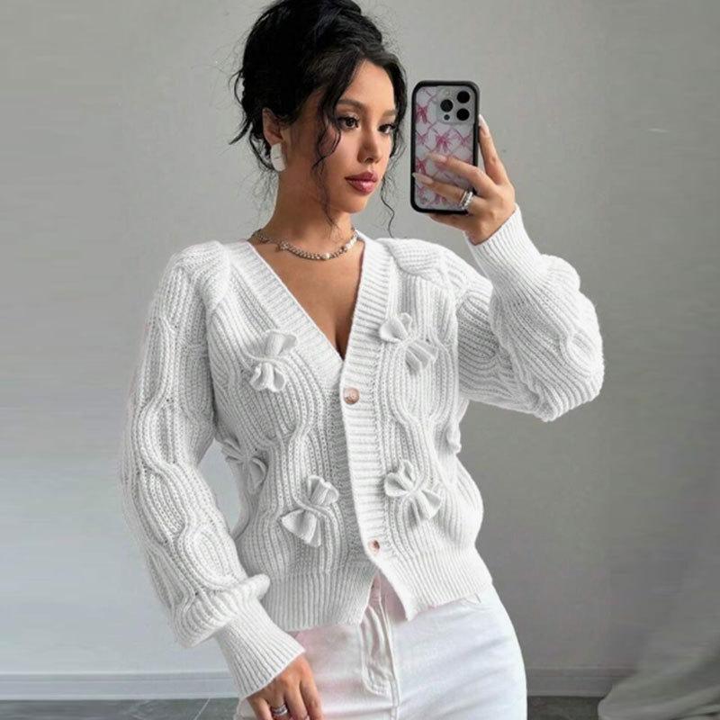 Women's V Neck Long Sleeve Knit Cardigan Loose Fit Casual Sweater with 3D Bow
