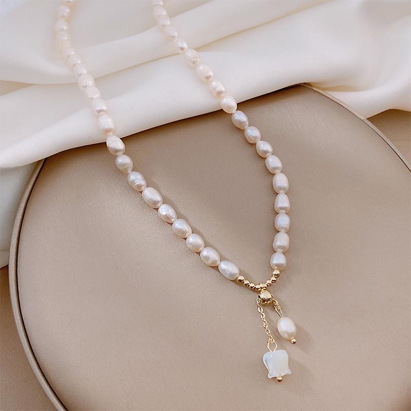 Freshwater Pearl Rose Necklace with Lily of the Valley Pendant - Korean Fashion Retro Clavicle Chain for Women