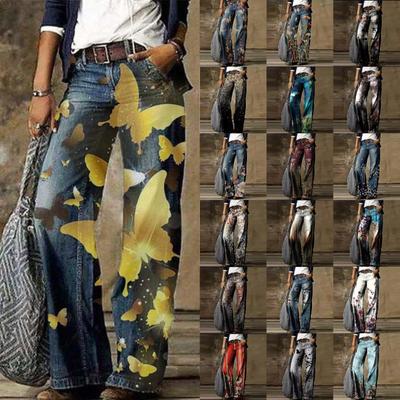 Pantalones casuales rectos de pierna ancha para mujer, bolsillos con estampado floral, botones con cremallera, pantalones de cintura alta de mezclilla sintética sin cinturón