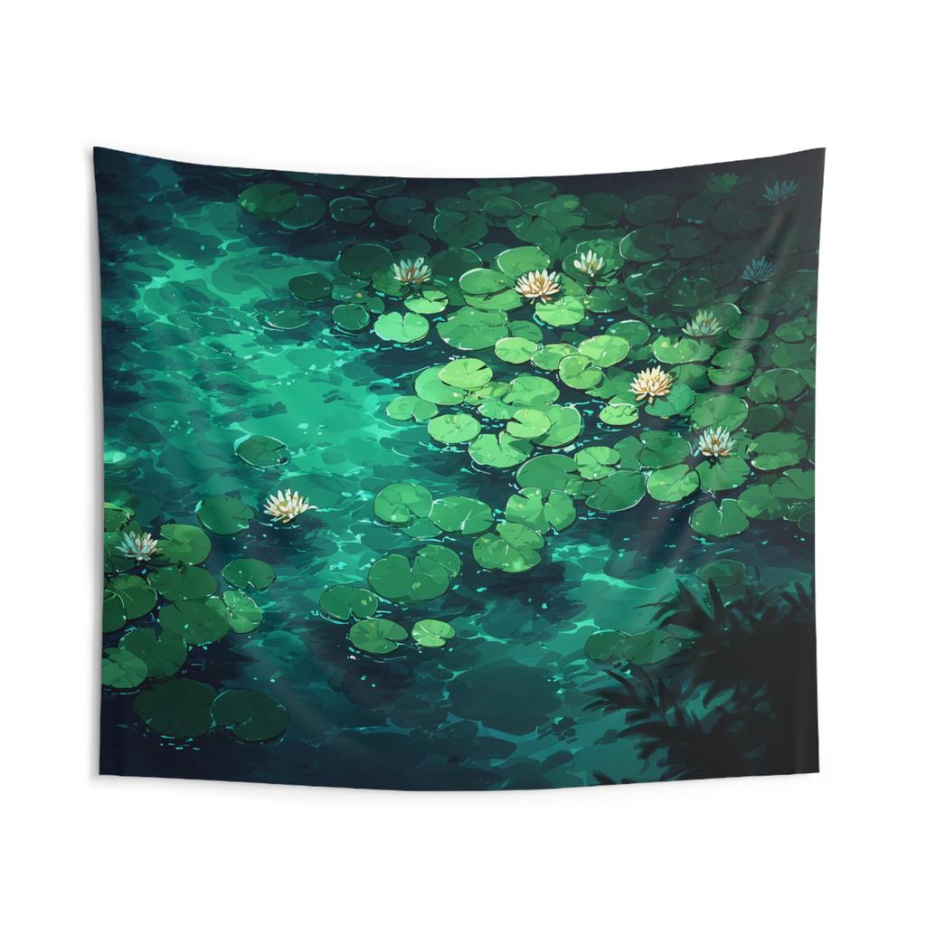 Lily Pads and Lotus Flowers Tapestry Green Lily Pad Wall Hanging Water Lilies Cloth Hanging Pond Wall Cloth Botanical Wall Decor