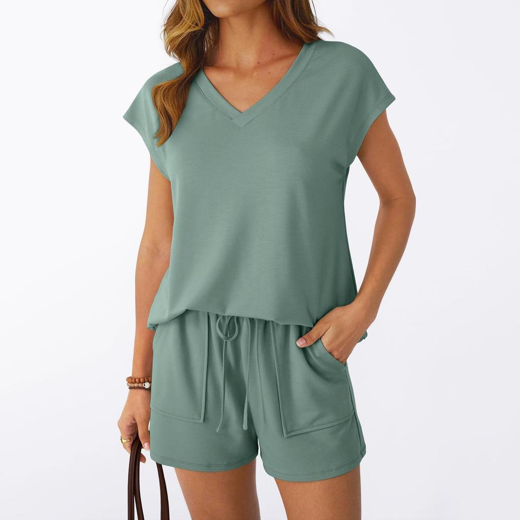 Women V Neck Short Sleeve Top and Shorts Set Casual Two Piece Outfits Soft Fabric Drawstring Waist Loungewear Suit