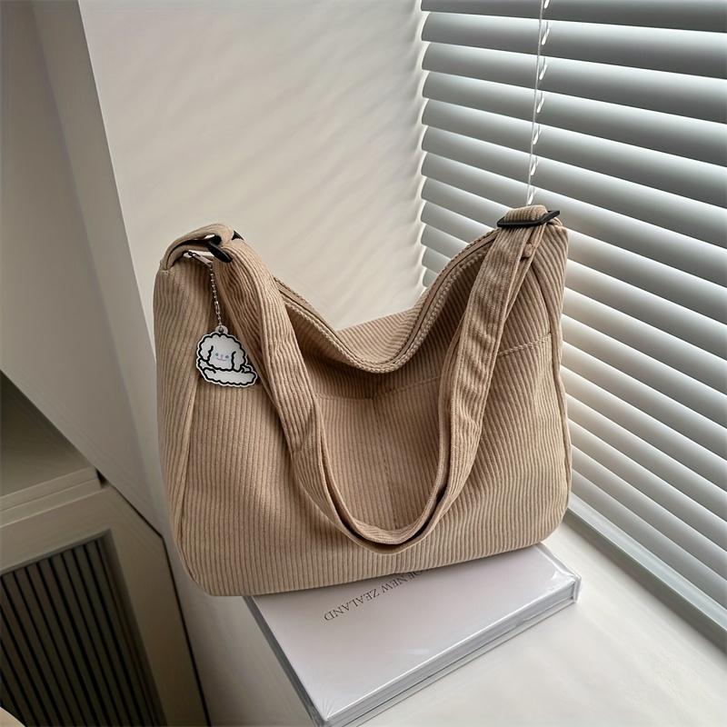 Borsa a Spalla in Velluto a Coste da Donna, Tote Casual a Righe di Grande Capacità con Chiusura a Cerniera, Simpatico Patch a Forma di Cappello, Perfetta per l'Uso Quotidiano