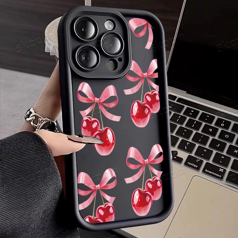 Simple Pink Cherry Bow Pattern Phone Case For iPhone 17 16 15 14 13 12 11 Pro Max 17 Air 16E X XR XS 7 8 Plus Shockproof Cover