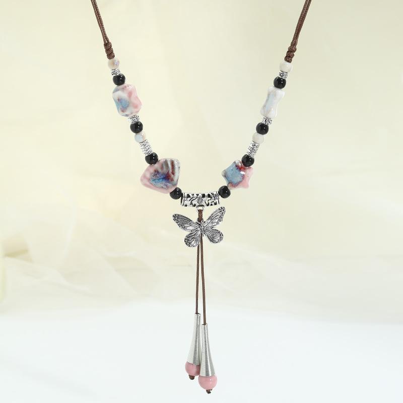 Ceramic Beaded Butterfly Pendant Necklace, Retro Ethnic Style Long Sweater Chain