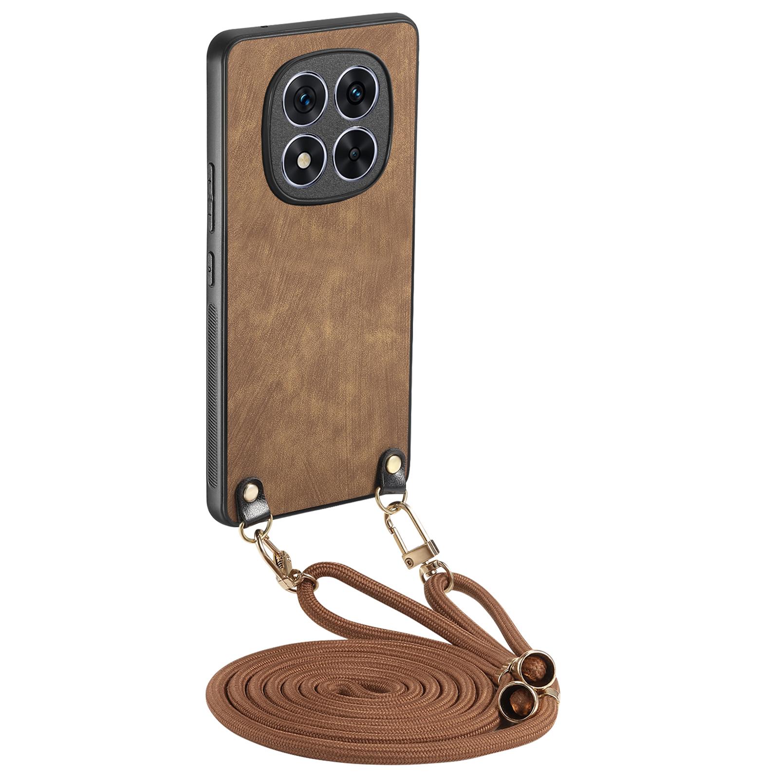 

For Xiaomi Redmi Note 14 Pro+ 5G Case Retro Texture Leather Coated PC+TPU Phone Cover with Hanging Rope Brown