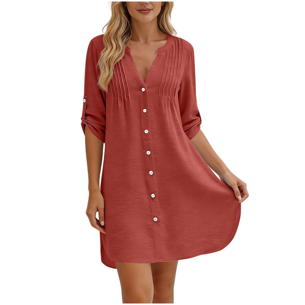 Women’s V Neck Button Down Tunic Shirt Dress with 3/4 Roll Tab Sleeves and Pintuck Front Casual Loose Fit