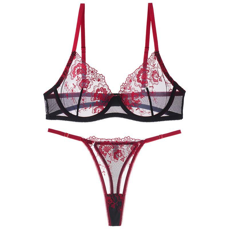 European & American Floral Embroidered Lingerie Set: Sexy Thin Bra with Side Support & Breathable Panties
