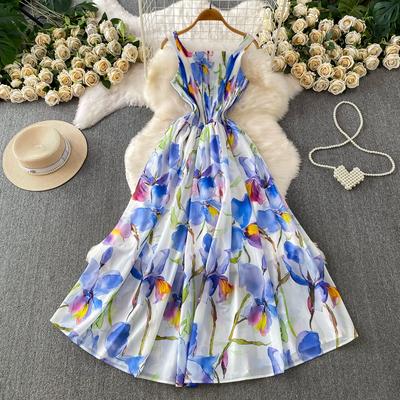 Affascinante ed Elegante Abito Maxi A-line con Scollo Quadrato e Spalline Sottili in Stile Vacanza per Donna Estate Stampa Dopamina