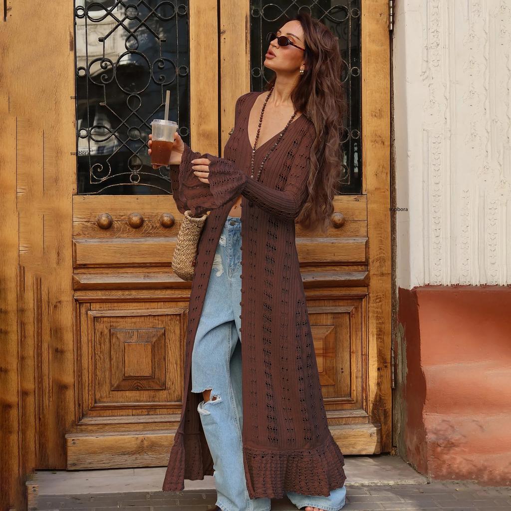 Hollow Breasted Sweater Long Dress Women Summer Party Dresses Cover Up Elegant Slim Split Maxi Vestidos Holiday Beach Robe