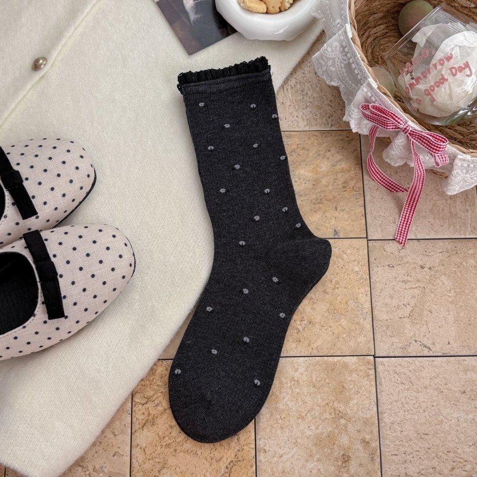 Women Spring Autumn Winter Cotton Socks,Floral Lace Calf Socks,Breathable Vertical Strip Thin Medium Tube Boneless Versatile Casual Socks